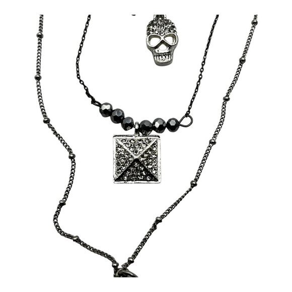 Target 3pc Layered Necklace Set With Skull Snake & Square Charms Silver Tone - Picture 13 of 15
